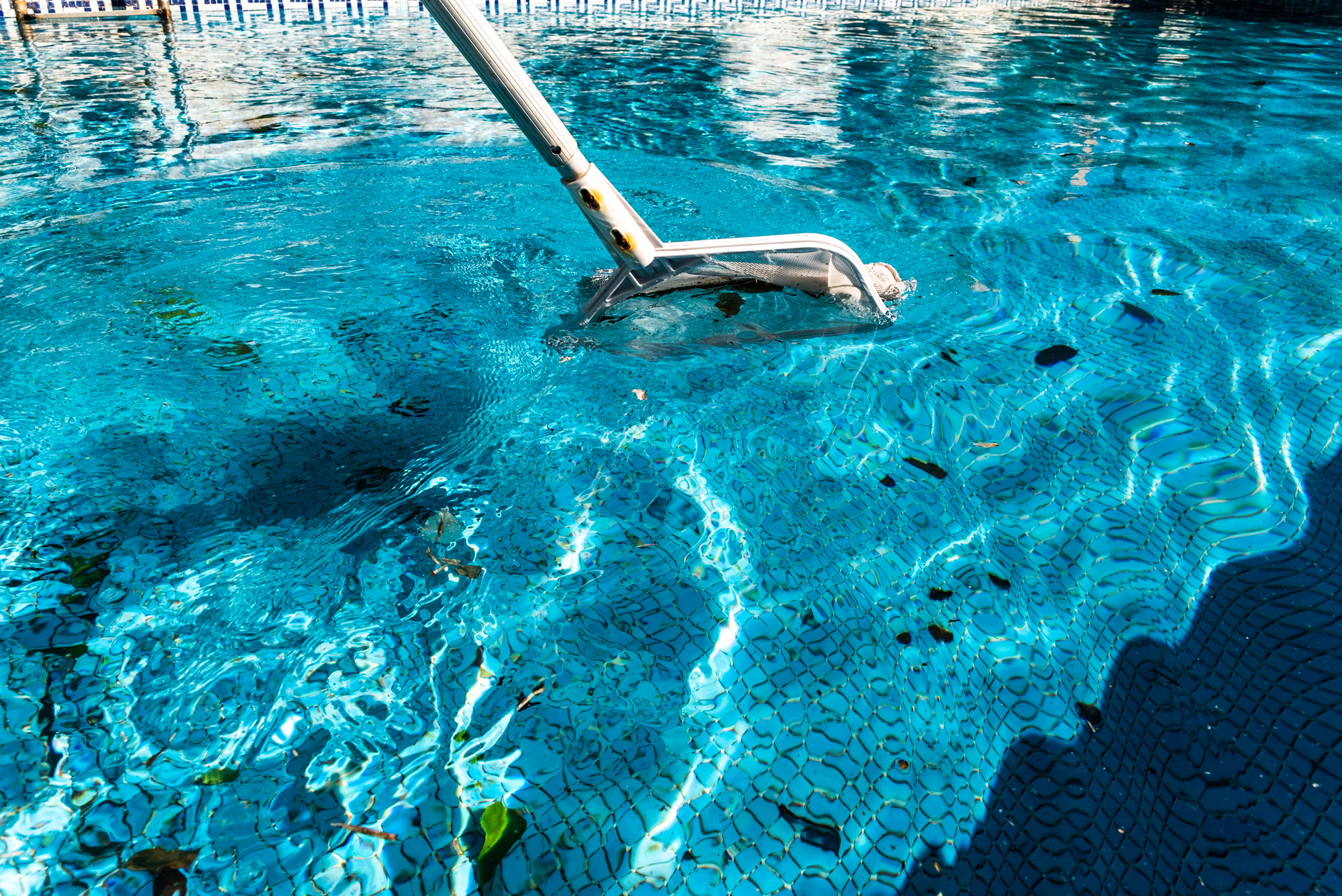 Maintenance man using a pool net leaf skimmer rake in summer to leave ready for bathing his pool.